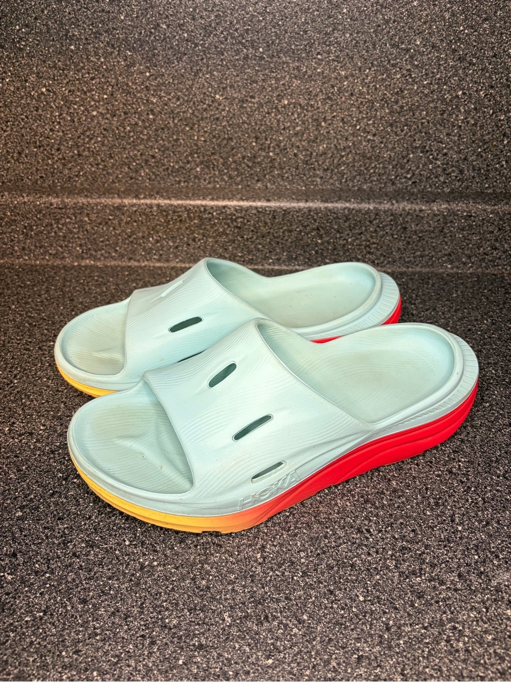 Hoka Men's Slide Sandals in Light Blue with Red and Yellow Sole